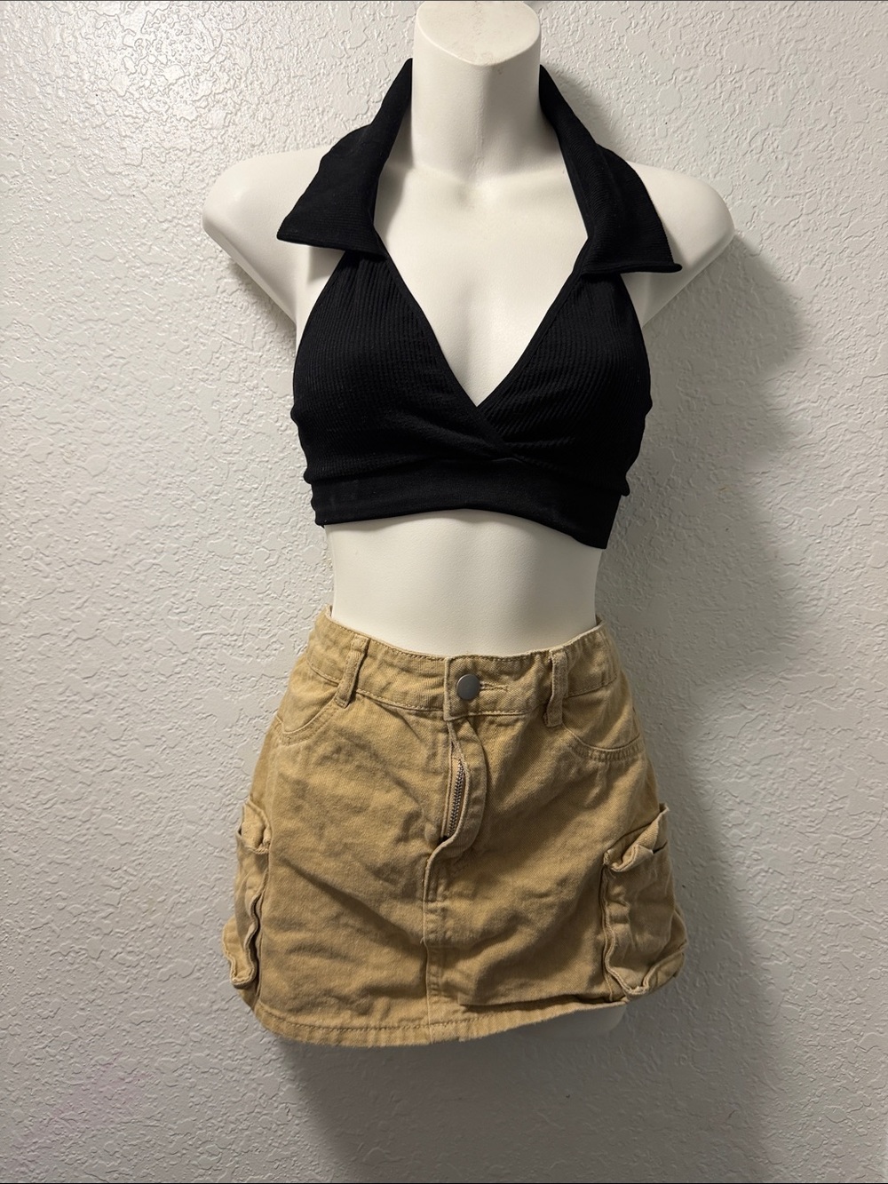 SHEIN/ ANWND Black Halter Collared Crop Top with Beige Utility Mini Skirt